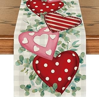 Artoid Mode Eucalyptus Polka Dot Hearts Valentine's Table Runner, HoliKitchen Dining Table Decoration for Home Party 13x90 Inch