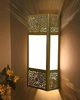 Homesake® Turkish Moroccan Wall Sconce Lamp, Vintage Hand Carved Metal Wall Light, Wall Mounted Porch Light, Brass Finish for Home,Villa, Kitchen, Restaurant, (Glass Rectangle)