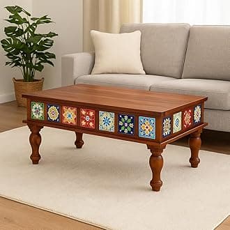 Sheesham Wood Rectangle Center Coffee Table for Living Room | Centre Table for Drawing Room, Office & Home | Multicolor Tiles Design| Honey Finish