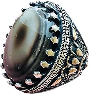 Natural Large Yemen Sulaimani Devil Eye Yemeni Agate Yemen Aqeeq for Ring Natural Yemen Agate Stone 925 Sterling Silver Men's Ring عقیق یمانی (9.5)