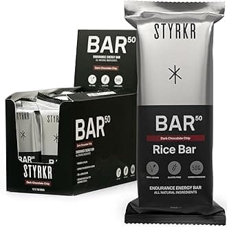 Styrkr BAR50 Energy Bars - Pack of 12 Rice Bars for Cycling & Running - Dark Chocolate Chip Flavour - Approved by Endurance Athletes - 50g of Carbs via Advanced Dual-Carb Formulation - 12x Pack