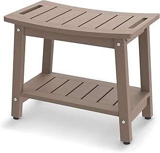 Shower Bench for Inside Shower - Taupe HDPE Shower Stool Waterproof - Spa Bathroom Seat Chair with Handle, Storage Shelf, Adjustable Feet - Indoor/Outdoor, Weather Resistant