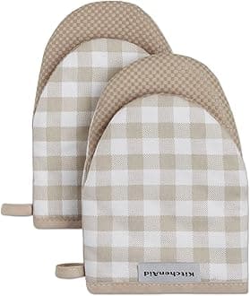 KitchenAid Gingham Mini Oven Mitt 2-Pack Set, Milkshake Tan, 5.5"x8"