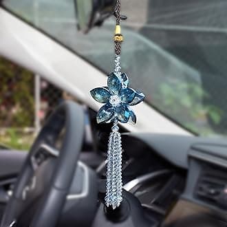 Crystal Flower Rear View Mirror Pendant Car Hanging Ornament Lucky Charm with Dangle Beads, Blue