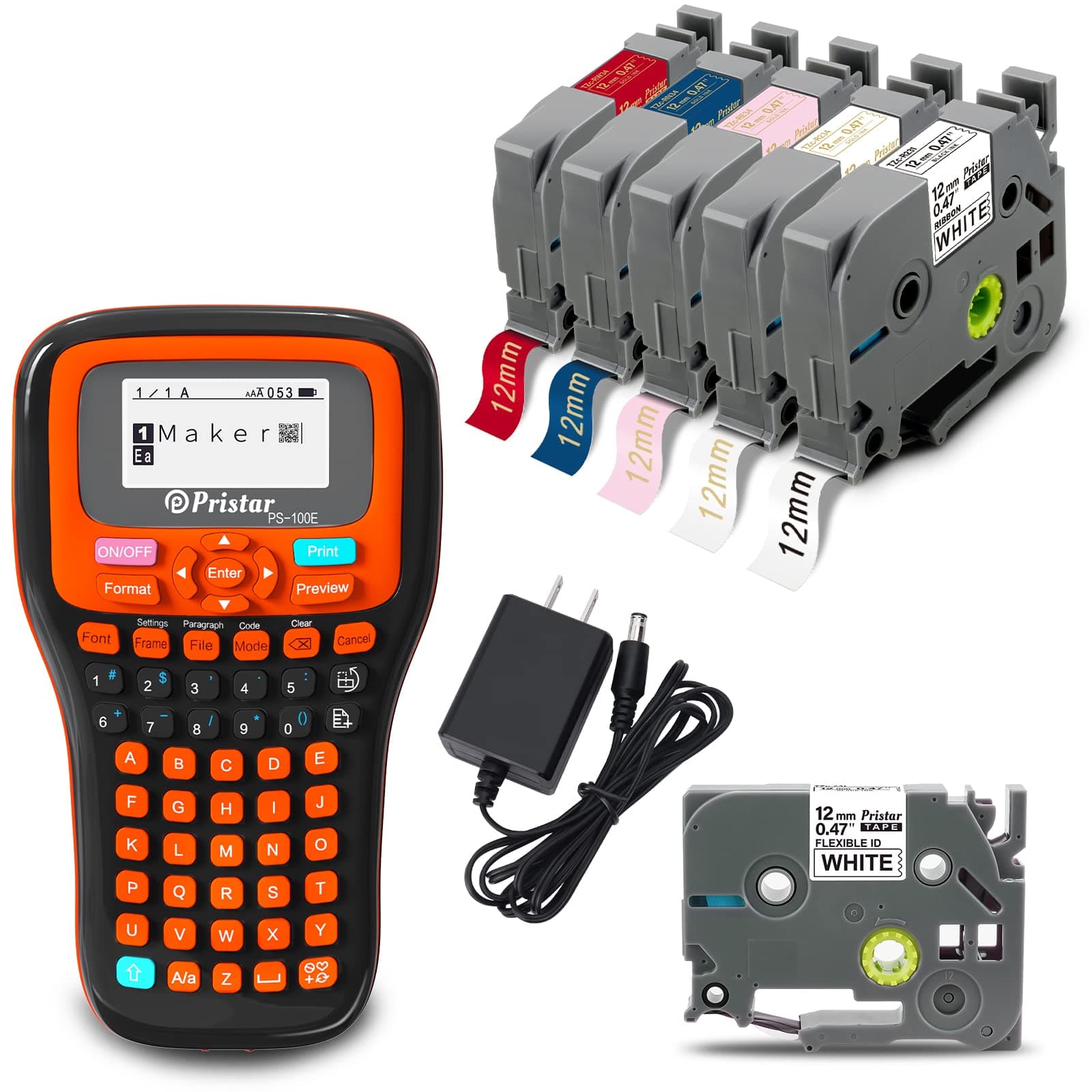 Pristar PS100E Label Maker with 5-Pack Replacement for Brother TZe-R231 TZe-R234 TZe-RE34 TZe-RN34 TZe-RW34 TZe Satin Ribbon Tapes 12mm x 4m, Multiple Line Labeling, Home Office Industrial Label Machi