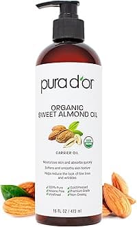 PURA D'OR Prador Organic Sweet Almond Oil 16 fl oz USDA Certified Organic 100% Pure & Natural Soothing Oil for Skin & Face, 16 fl oz, Sweet Almond Oil
