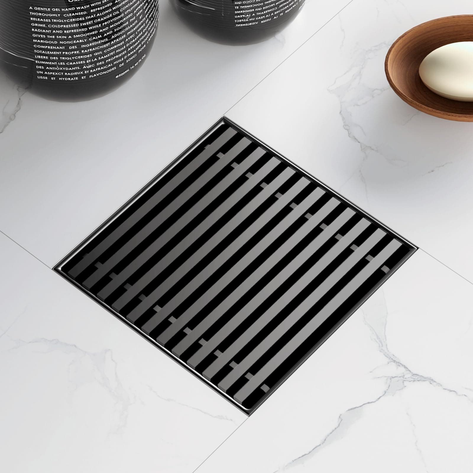 4 Inch Square Shower Drain with Removable Wedge Wire Pattern Grate, Matte Black 304 Stainless Steel Square Shower Floor Drain for Bathroom, CUPC Certified, with Hair Strainer