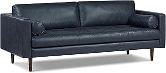 Poly & BARK Napa 88.5" Leather Sofa – Full-Grain Italian-Tanned Aniline Leather, Feather-Down Comfort, Solid Wood Frame, Walnut Legs, Midnight Blue