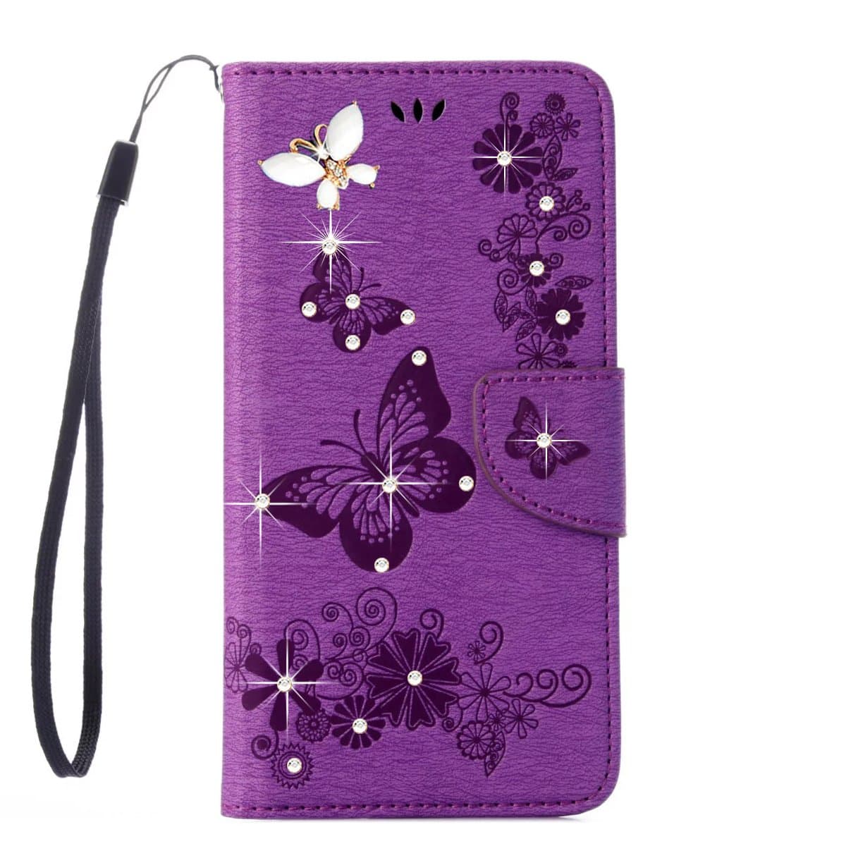 iPhone 6s Plus Wallet Case,iPhone 6 Plus Flip Case,ARSUE PU Leather Flip Folio Kickstand Butterfly Flower Wallet Case with Card Slots for iPhone 6 Plus/ 6s Plus 5.5 inch (Purple/Bling)