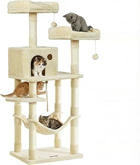 Feandrea Cat Tree, 56.3-Inch Cat Tower, Multi-Level Plush Condo with 11 Scratching Posts, 2 Perches, Hammock, Cave, Beige UPCT15BE