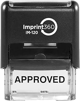 AS-IMP1102K - Approved Stamp with by: & Date:, Black Ink, Heavy Duty Commerical Self-Inking Rubber Stamp, 9/16" x 1-1/2" Impression