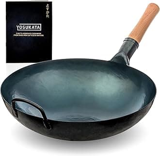 YOSUKATA Blue Round Bottom Wok - 14" Wok Stirring Pan - Chinese Hammered Meat Wok - Traditional Chinese Wok - Blue Steel...