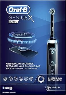 Genius X with Artificial Intelligence Black Electric Toothbrush, 1 Sensi Ultrathin Toothbrush Head, 6 Cleaning Modes, Gum Pressure Sensor, Smart USB Travel Case, 2 UK Pin Plug