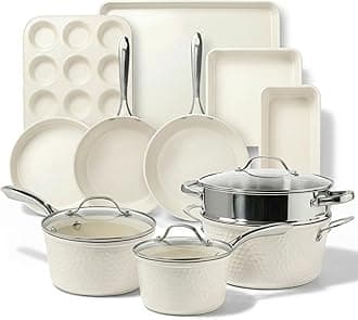 Hammered 15Pcs Ceramic Cookware Set Nonstick, Induction Pots and Pans Set Non Stick with Bakeware Set & Steamer for Cooking, Non Toxic PFOA PFOS Free, Oven & Dishwasher Safe, Cream White