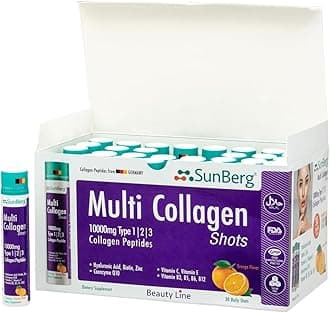 Sunberg Multi Collagen Peptides Liquid Shots - 10,000mg Hydrolyzed Collagen Type I, II, III Hyaluronic Acid Biotin Skin Hair Nail Joints Bones Muscles Teeth - Halal Collagen Complex Supplement 30 Shot