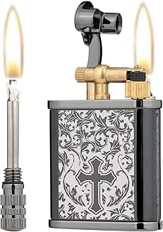 2 in 1 Lighter Permanent Match Antique Style Lift Arm Kerosene Lighter with Permanent Match (Black Ice Cross)