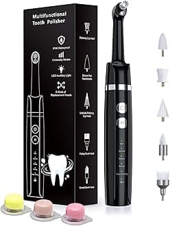 Tooth Polisher, Rechargeable Tooth Whitening Kit for Teeth Cleaning and Whitening, with 3 Tooth Polish Paste and 5 Brush Heads, LED Light, Easy to Use at-Home Personal Dental Care Kit (Black)
