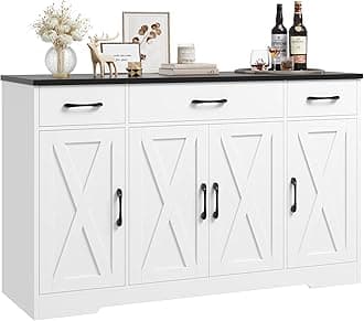 Buffet Sideboard Cabinet with Drawers, 55" Large Buffet Storage Cabinet with Shelves and Doors, Modern Farmhouse Coffee Bar Station Wood Kitchen Table for Kitchen, Dining Room, White/Black