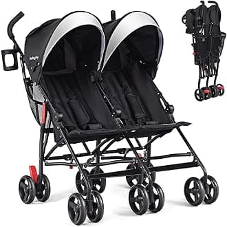 BABY JOY Double Umbrella Stroller, Lightweight Travel Side by Side Twin Stroller with Large Storage, Cup Holder, 5-Point Safety Harness, Adjustable Canopy & Compact Fold for Infant and Toddler (Black)