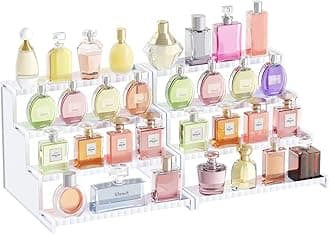 Lifewit 4 Tier White Display Risers Stand, Plastic Perfume Organizer Cologne Display Stand, for Makeups, Figures, Cupcake, Dessert, Spice, Fragrance, Countertop, Vanity, Dresser, 2 Pack