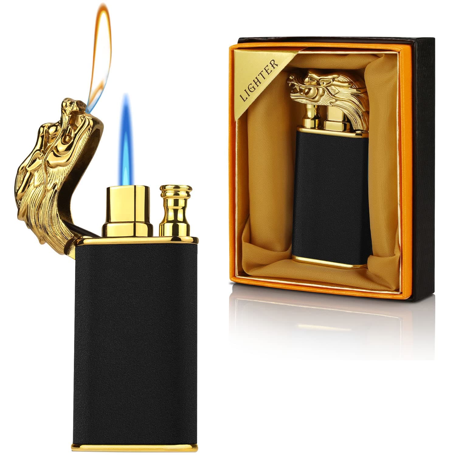 ‌Magic Dual Flame Dragon Torch Lighter - Windproof Butane Refillable, Switchable Jet/Soft Flame (Black, Gas Not Included)‌