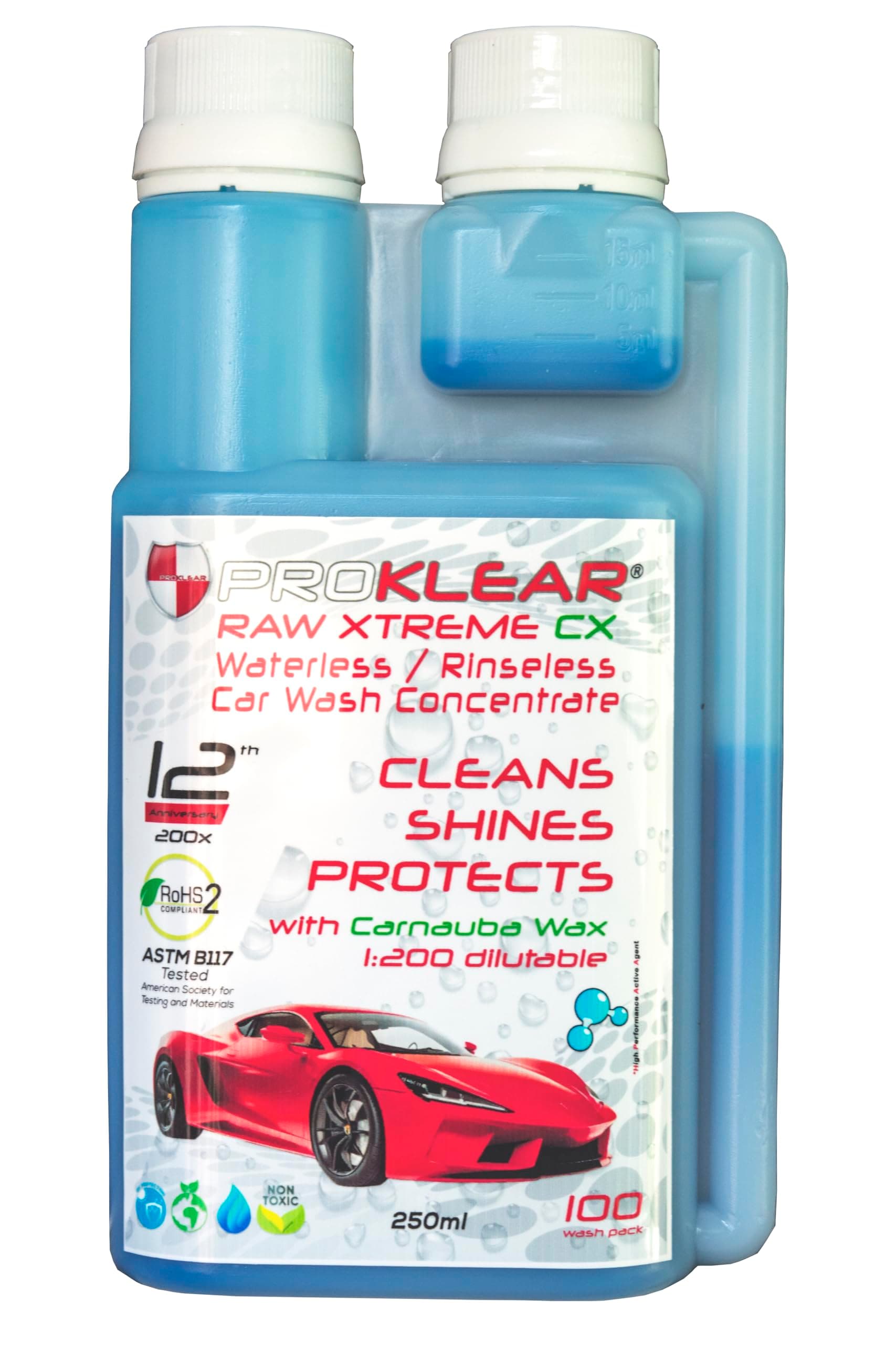 PROKLEAR Rinseless/Waterless Concentrate Dilutable 200 Times RAW Xtreme CX Carnauba Wax Dry Car Wash Concentrate , 250ml - 100 Washes Makes 50 liters