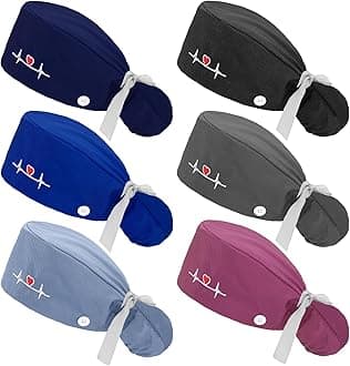 Honoson 6 Pcs Scrub Caps for Women with Buttons, Adjustable Bouffant Surgical Caps with Ponytail Holder, Cotton Nurse Hats