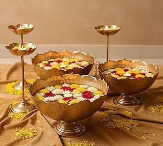 DSH CRAFTING YOUR CURIOSITY Urli Bowl for Home and Festival Decor - Show Piece for Floating Flowers, Candles, and T Lights - Taj Bowl Candle Stand With Floating Diyas, Gold
