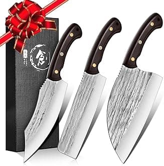 TIJERAS Butcher Knife Set, 3PCS Hand Forged Chef Knife Set, Serbian Chef Knife & Meat Cleaver Knife & Nakiri Knife, BBQ Knife Set for Meat Cutting, Japanese Men Camping Knife Set for Cooking