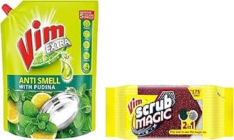 Vim Scrub Magic Pack of 5 & Vim Dishwash Anti Smell Liquid, Pudina, 2 LTR