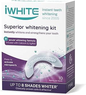 iWhite Superior Teeth Whitening Kit - 10 Trays - Professional Teeth Whitening Up to 8 Shades Lighter. Whitens and Restores Enamel - Microbeads, Calcium and Xylitol - Peroxide Free, Clinically Approved