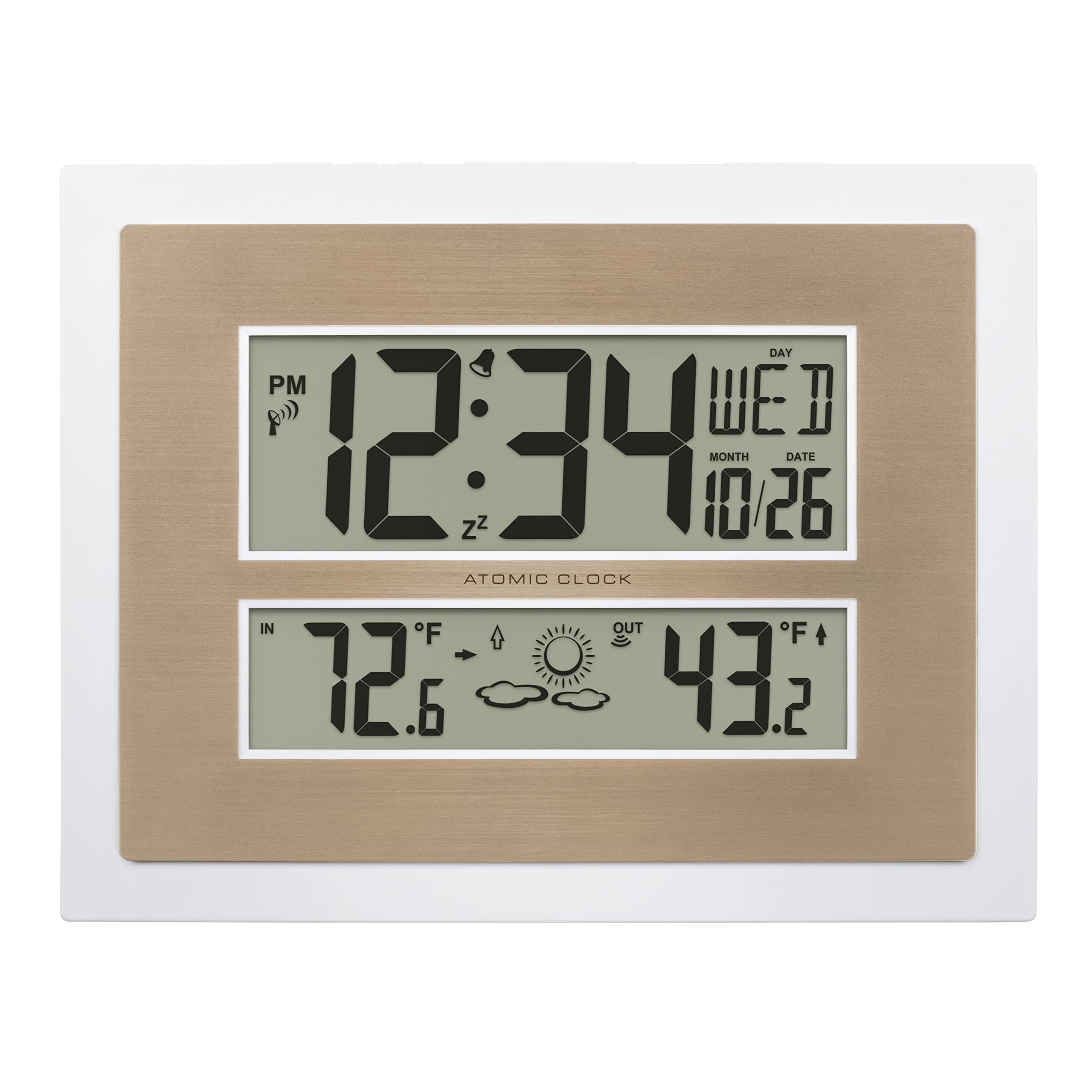 512-14937-INT Atomic Digital Wall Clock with Temperature & Forecast in White/Champagne