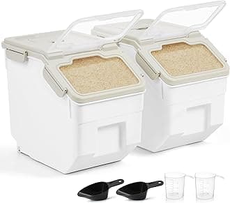 About Space 10-Kg Rice Container (2 Pack) Airtight Storage With Measuring Cup & Shovel-Rice Barrel Dispenser-Moisture Proof Kitchen Organiser For Cereals,Pulses-Plastic,White