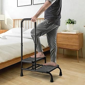 Step Stool with Handle, Non Slip Platform and Adjustable Handrail, Two Step Stool for Ederly, Adults and Handicap, Heavy Duty Foot Stool for High beds, Kitchen, Bathtub