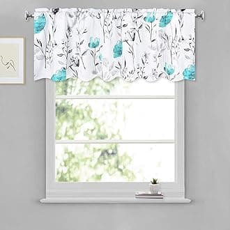 Likiyol Floral Kitchen Valance Curtains Watercolor Flower Leaves Window Valances Teal and Gray Floral Kitchen Curtains, Rod Pocket Small Window Treatment Valance for Bathroom Basement, 52 x 18 Inches