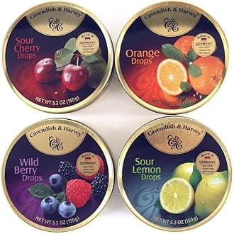 Variety Flavor Hard Candy Drops, Orange, Berries, Sour Lemon & Sour Cherry, 5.3 Ounce Cans - Pack of 4