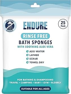 Endure Rinse Free Bath Shower Sponge Wipes - Body Wash Wipes for Bathing - Perfect for Camping, Festivals, Gym and Travel - Dry Sponge Wipes with Gentle Cleansing Soap. Just add Water (25 Per Pack).