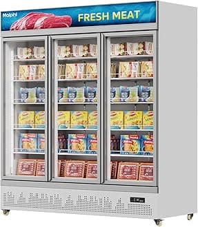Malphi Commercial Refrigerator with Lighting Box 400Litre Upright Freezer -22℃ to -18℃ Self-Closing Door Display Fridge H1980xD750xW750mm Adjustable Shelves for Ice Cream Meat (White, Three Doors)