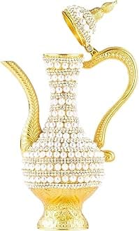 Steel Water Bottle Pitcher with Zirconia Stones | Handmade Metal Carafe Water Tea Coffee Jug Vintage Bottle | Turkish Ottoman Zamzam Pitchers (470 ML / 16 Oz, Pearl and Zirconia, Gold Color)