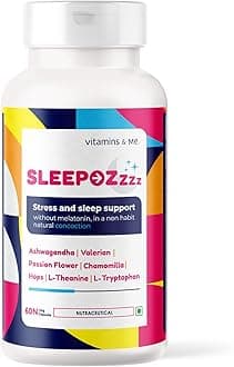 Sleepozzzz Stress & Sleeping Support pills by Vitamins & Me, Non-Habit Forming & Melatonin Free, Natural with Ashwagandha, Valerian Root, Chamomile, Passion Flower 60 Veg Capsules