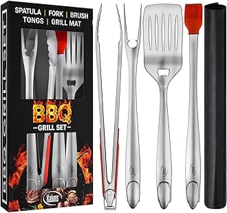 Kaluns BBQ Grilling Accessories, Grilling Gifts for Men Dad, Grill Tools for Outdoor Grill, Heavy Duty Stainless Steel Grill Set with Spatula, Tongs, Fork, Brush, & Grilling Mat, Best BBQ Gifts