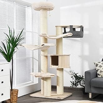 Tangkula Large Cat Tree, Multi-Level Tall Cat Tower with Sisal Scratching Posts, Hammocks, Hanging Basket, Cat Condo and Removable Washable Cushions, Modern Wood Cat Tree for Indoor Cats Large Adult