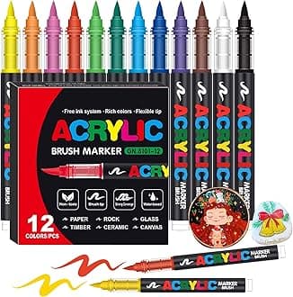Amamao Acrylic Paint Markers, Soft Brush Tip Pens and Markers, Acrylic Paint Pens for Wood, Stone, Canvas, Glass, Fabric, Egg, Rock Painting and DIY Crafts Art Supplies (12)