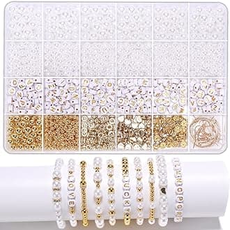 ELECDON Pearl Beads for Bracelet Making Kit, DIY Pearl Beads and Gold Spacer Beads for Adults Charms Small Smooth Round Disc String Crystal Beads for DIY Craft Making Jewelry Bracelet for Girls Gift