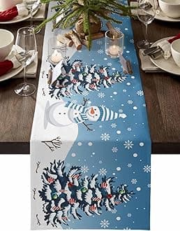 Christmas Table Runner - Cotton Linen 120 Inches, Snowman Rustic Blue Snowflake Bed Runner Dress Scarves, Farm Xmas Tablerunner for Dining/Holiday/Coffee Table 13" x 120"
