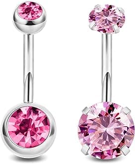 2PCS 14G Surgical Steel Belly Button Rings for Women Round CZ Navel Ring Long Belly Rings Belly Piercing Jewelry 6-16MM