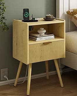 Nightstand with Outlet,Modern Bedside Table with Storage Drawer and Open Wood Shelf, for Living Room, Bedroom and Small Spaces, Accent Night Stand with Solid Wood Legs, Easy Assembly,Yellow Oak