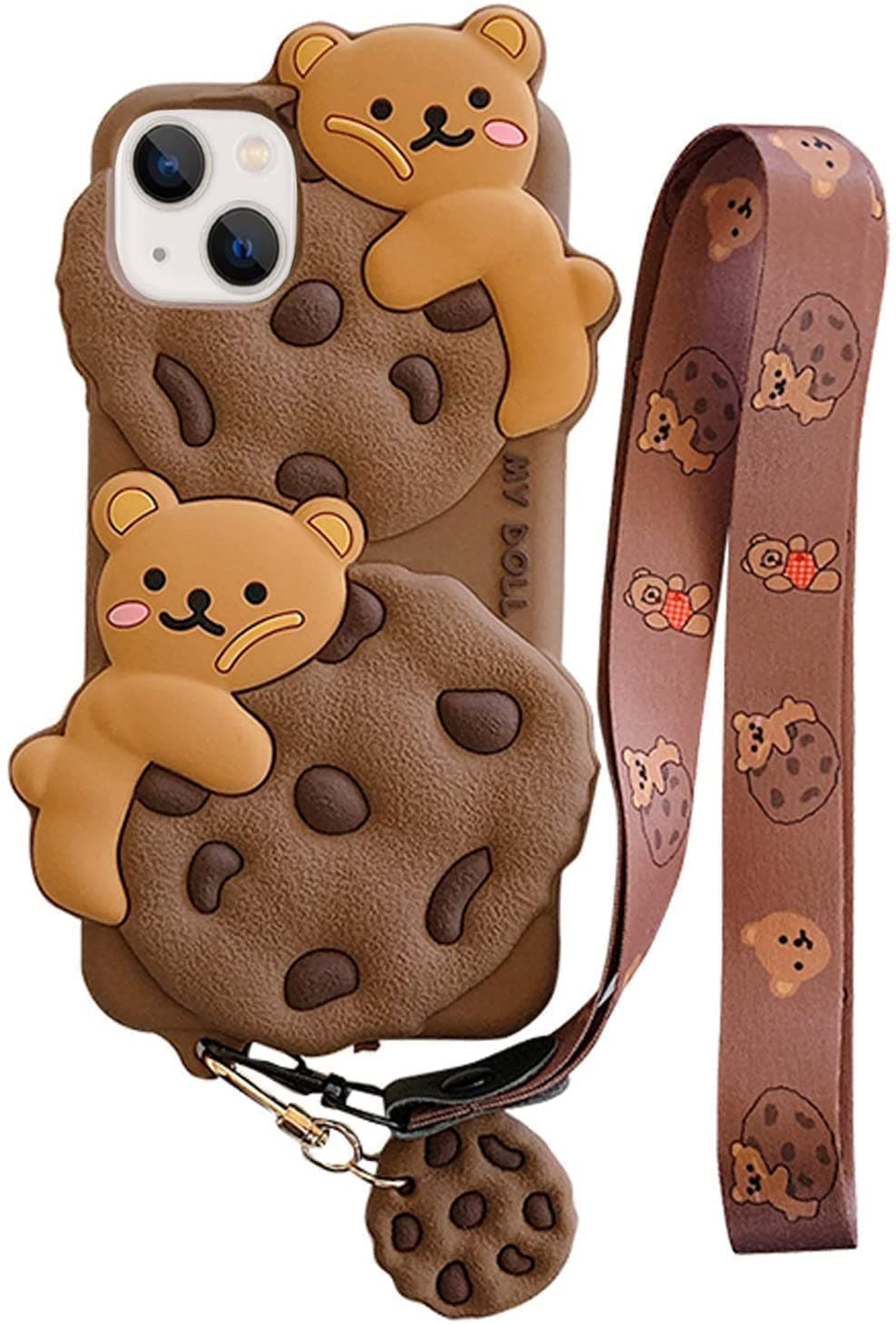 Yatchen Bear Case for iPhone 13 Pro Max,Cute Cookie Bear Kawaii Phone Cases 3D Cartoon Cover with Keychain Strap Lanyard Funny Women Girls Soft Silicone Protector for iPhone 13 Pro Max