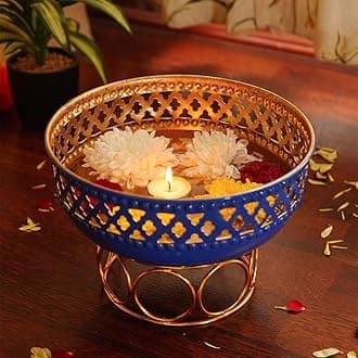 Ekhasa Blue Urli Bowl with Stand for Home Decor & Table Decoration | Floating Flowers, Tealight Candles Water Bowl for Diwali Pooja & Other Festivals | Gift for Various Occasions