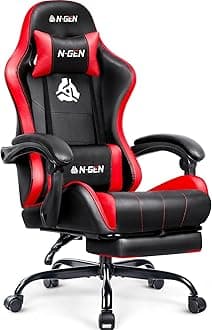 Video Gaming Chair with Footrest Lumbar Support for Home Office High Back Recliner Height Adjustable Ergonomic Comfy Leather Computer Desk Chair (Red)